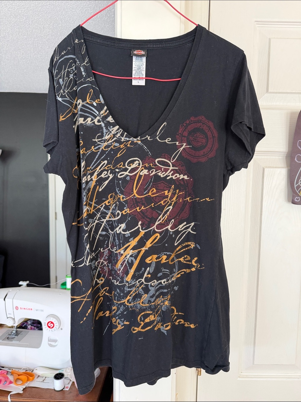 Harley-Davidson Black V-Neck Tee with Multicolor Script